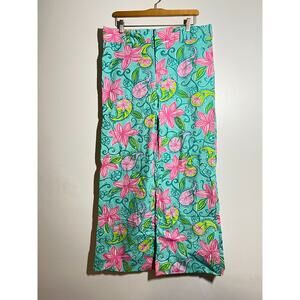Lilly Pulitzer Green/Pink Floral Print Tyler Wide Leg Cotton Pants Size 14